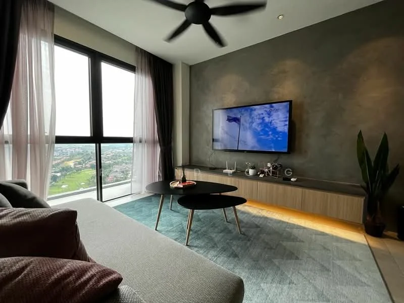 Living features: floor-to-ceiling windows, grey accent wall, recessed downlights, 5-blade ceiling fan, wall-mounted TV, wooden TV console, coffee table with black surface, area rug with geometric pattern, upholstered sofa in light grey, decorative plant, curtains in dark colour; style: modern; view: city.