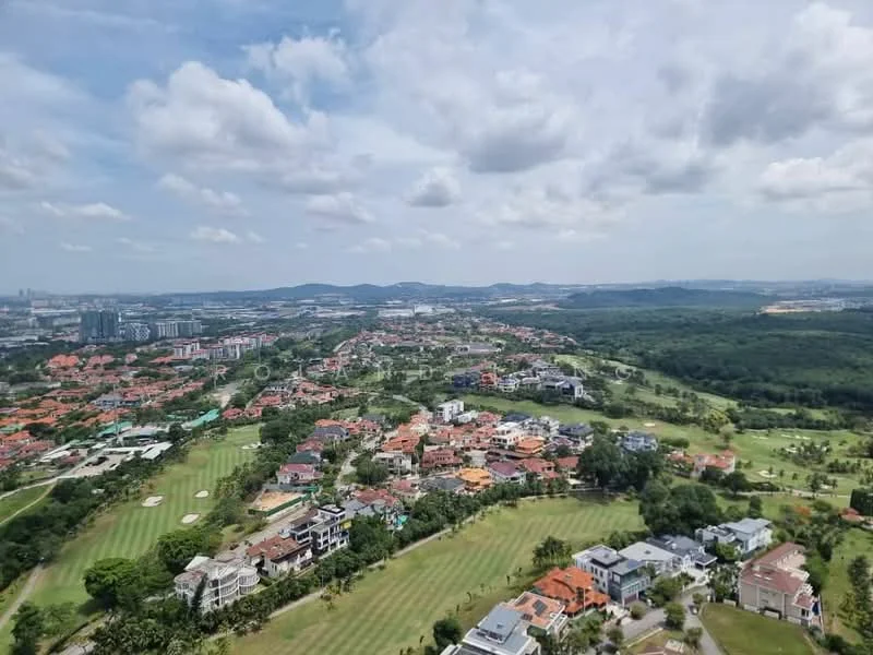 Exterior features: panoramic view of golf course, lush green landscape, residential areas visible, city skyline in the distance, hills in the background, partly cloudy sky; style: contemporary.