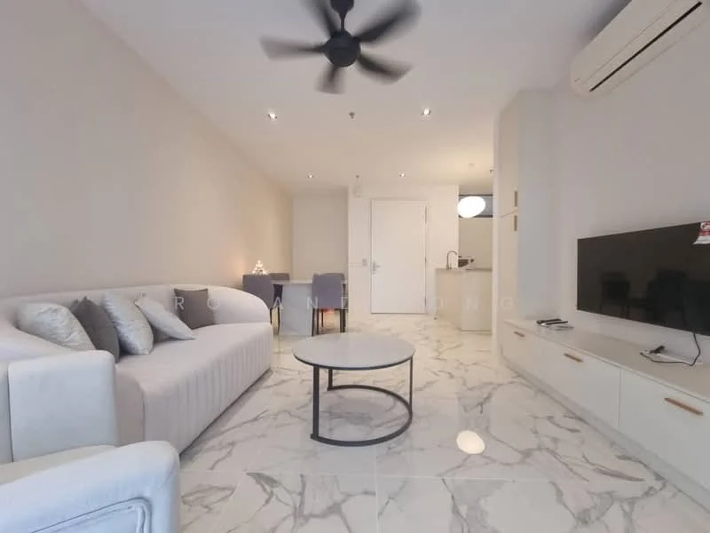 Living features: 3-seater fabric sofa in light grey, coffee table with round marble top, wall-mounted TV, TV console with storage, ceiling fan with light, recessed downlights, marble flooring, neutral painted walls; style: modern. Dining features: 4-seater dining table, upholstered dining chairs in grey, open layout to living area; style: modern.