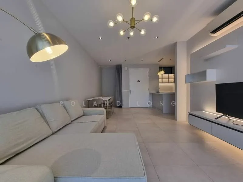 Living features: L-shape sectional sofa in light beige, coffee table, wall-mounted TV, TV console in white, ceiling light fixture with multiple bulbs, recessed downlights, light grey painted walls, tile flooring, air conditioning unit on wall, floor-to-ceiling window with sheer curtains, dining table for four, open layout to kitchen area; style: modern.
