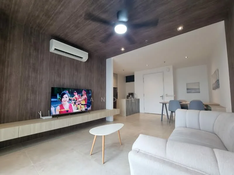 Living features: light grey fabric sofa, white coffee table with wooden legs, wall-mounted TV, wooden TV console, 1 wall-mounted split AC, recessed downlights, dark wood accent wall, ceramic tile flooring, open layout to kitchen, decorative artwork on wall; style: modern. Room features: white walls, open kitchen area visible, doorway leading to other rooms.