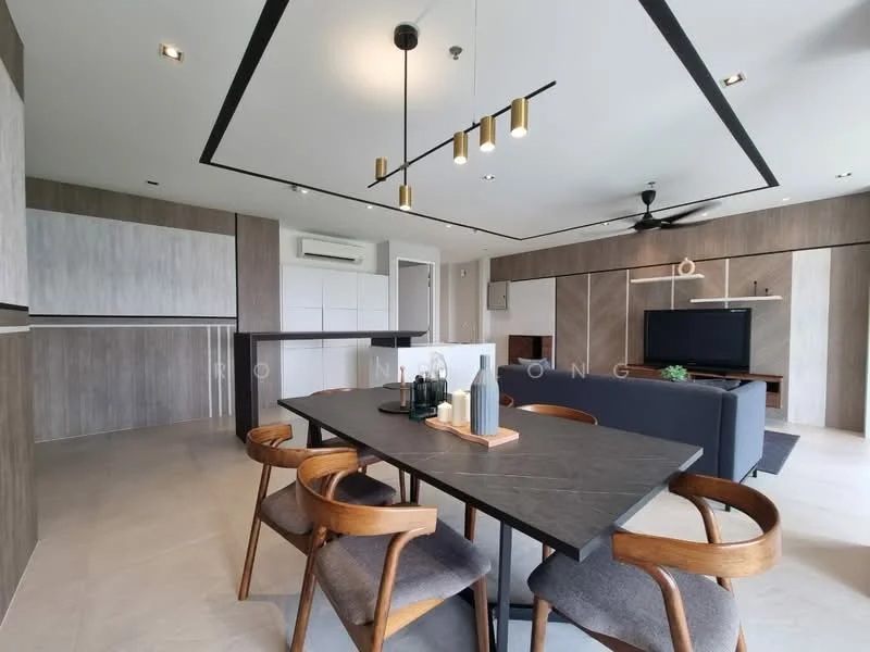 Living features: grey fabric sofa, wooden dining table, 4 wooden dining chairs, pendant lighting with multiple bulbs, ceiling fan, wall-mounted TV, built-in cabinetry, light-colored walls, dark accent wall, tile flooring, air conditioning unit; style: modern.