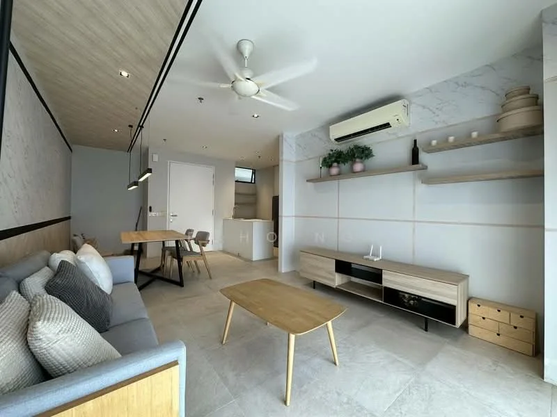 Living features: 3-seater fabric sofa in light grey, wooden coffee table, wall-mounted TV, TV console with storage drawers, ceiling fan with light, recessed downlights, decorative wall shelving, marble accent wall, light grey tiled flooring, open-plan layout connecting to dining area, large window for natural light; style: modern. Dining features: 4-seater wooden dining table, matching dining chairs, light wood paneling on walls, open shelving above dining area; style: modern.