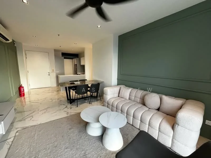 Living features: 3-seater fabric sofa in cream, 2 round coffee tables in white, marble tile flooring, green accent wall, recessed downlights, ceiling fan, open layout to dining area, wall-mounted TV console, fire extinguisher, area rug in neutral color; style: modern. Kitchen features: kitchen island, stainless-steel appliances, dark cabinetry, open layout to living area; style: modern.