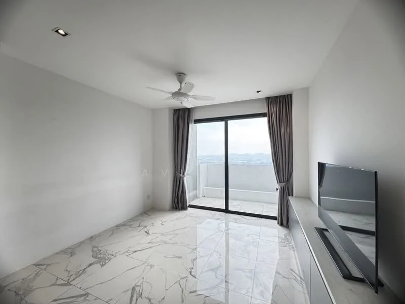 Living features: white painted walls, marble tile flooring, 5-blade ceiling fan, floor-to-ceiling windows, sliding glass door, sheer curtains, TV console, wall-mounted TV; style: modern; view: city.