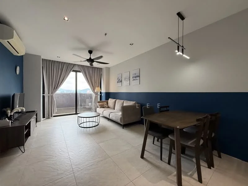 Living features: 3-seater fabric sofa in beige, coffee table, TV console, wall-mounted TV, dining table for 4, 4 dining chairs, ceiling fan with light, floor-to-ceiling windows, curtains, light-colored tile flooring, wall with blue accent paint, air conditioning unit; style: modern; view: city.