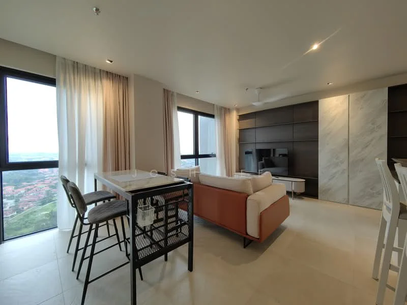 Living features: floor-to-ceiling windows, light-coloured walls, recessed downlights, 5-blade ceiling fan, L-shape sectional sofa in white, coffee table, TV console, wall-mounted TV, marble accent wall, tile flooring, sheer curtains, decorative wall paneling; style: modern; view: city.