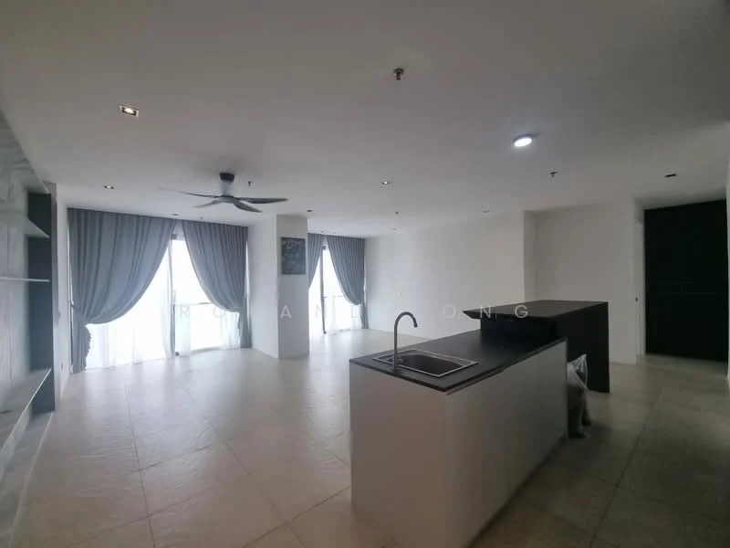 Living features: 5-blade ceiling fan with light, recessed downlights, floor-to-ceiling windows, grey curtains, white walls, tile flooring, open layout, kitchen island with sink, dark cabinetry, built-in shelving, natural light, neutral color palette; style: modern.