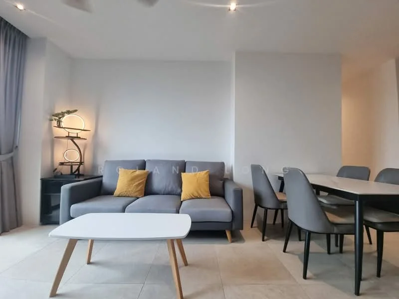 Living features: grey fabric sofa, yellow decorative cushions, white coffee table, 4-seater dining table, grey upholstered dining chairs, floor-to-ceiling windows with sheer curtains, recessed ceiling lights, light-colored tiled flooring, decorative table lamp, wall-mounted decor, neutral painted walls; style: modern.