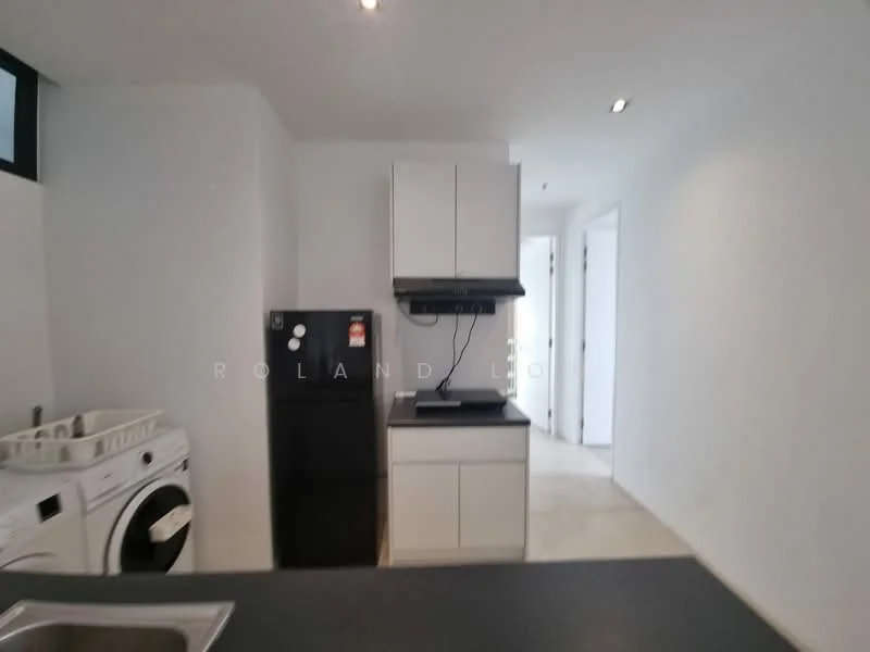 Kitchen features: white cabinetry, black countertop, stainless-steel sink, built-in stove, black refrigerator, front-load washing machine, white walls, recessed downlights, tile flooring; style: modern.