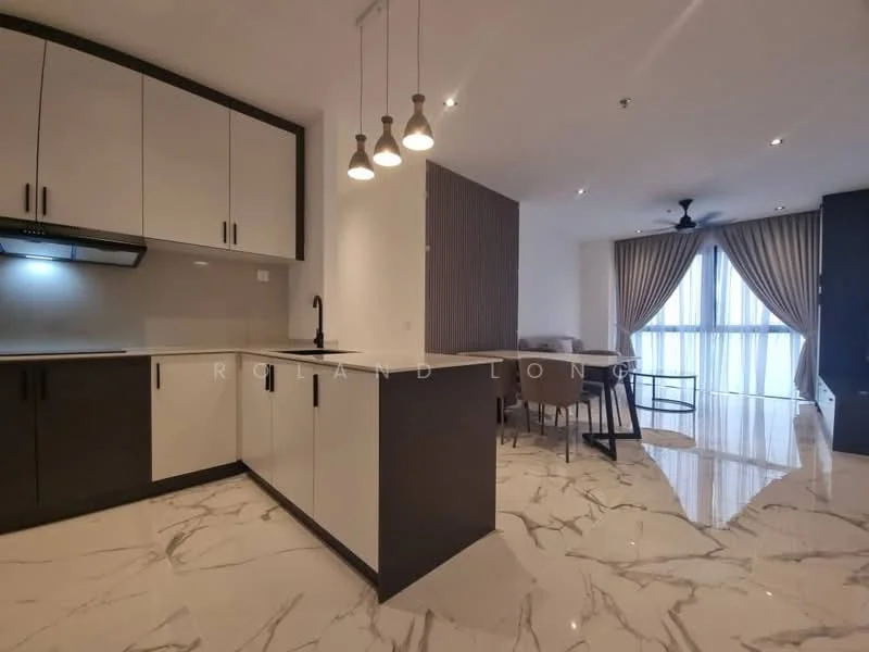 Kitchen features: white upper cabinets, black lower cabinets, marble tile flooring, stainless-steel sink, chrome pull-down faucet, built-in oven, 4-burner gas hob, pendant lights, recessed downlights, open layout to dining area, wall with textured finish, floor-to-ceiling windows with sheer curtains; style: modern; view: city. Dining features: dining table with chairs, open layout to kitchen, floor-to-ceiling windows with sheer curtains; style: modern; view: city.