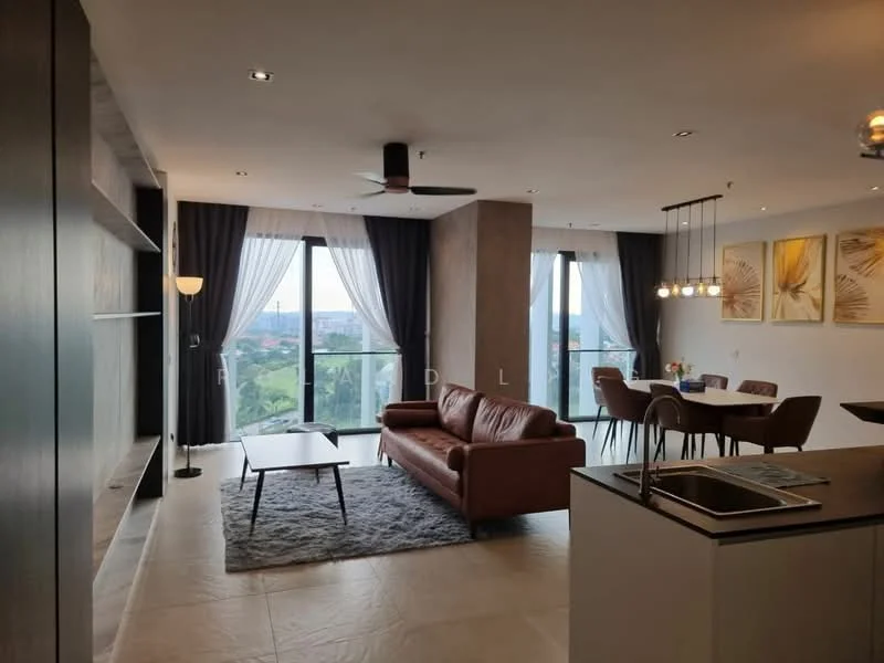 Living features: 3-seater leather sofa in brown, coffee table, area rug with geometric pattern, floor-to-ceiling windows, sheer curtains, blackout curtains, ceiling fan, wall-mounted lighting, decorative wall panel, dining area with 4 chairs, open-plan layout, view of greenery, TV console; style: modern; view: garden. Dining features: 4-seater dining table, upholstered dining chairs, pendant lighting above table; style: modern; view: garden.