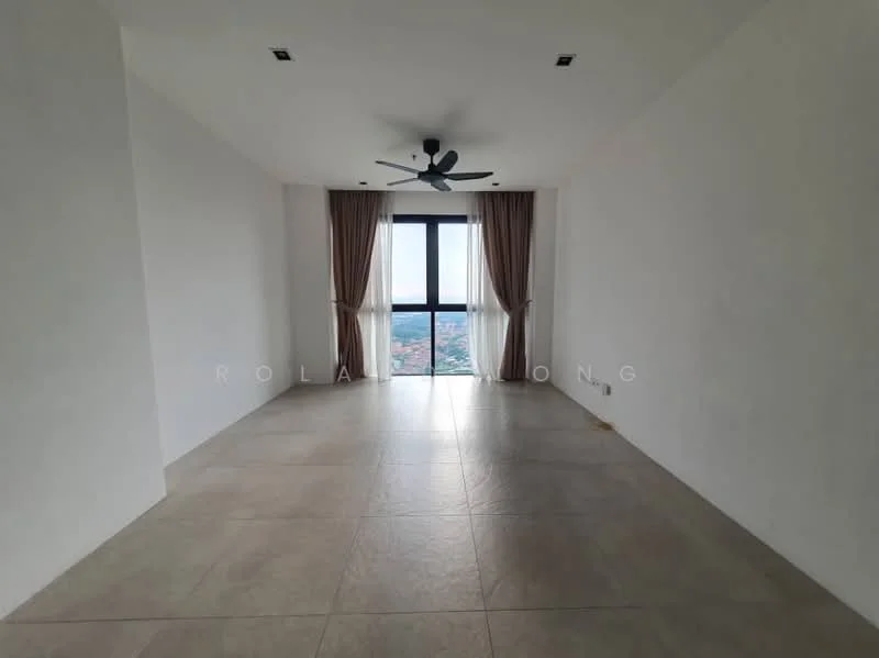 Living features: white painted walls, tile flooring, 5-blade ceiling fan with light, floor-to-ceiling windows, sheer curtains, city view; style: modern; view: city.
