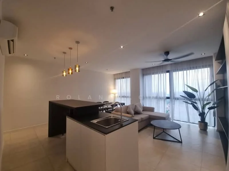 Living features: sofa in beige fabric, coffee table, floor-to-ceiling windows, sheer curtains, ceiling fan, recessed downlights, pendant lights, decorative plant, open kitchen layout, kitchen island with sink, tile flooring, white painted walls; style: modern; view: city.