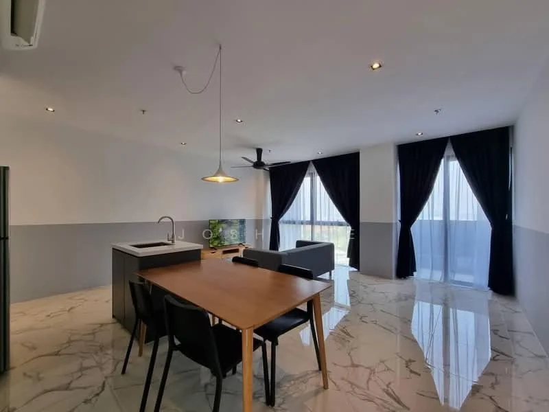 Dining features: marble tile flooring, white painted walls, grey accent wall, 5-blade ceiling fan with light, pendant lamp, dining table with 4 black chairs, floor-to-ceiling windows with sheer curtains, sliding glass door, greenery view; style: modern; view: garden. Kitchen features: stainless-steel fridge, single-bowl stainless-steel sink, chrome pull-down faucet, kitchen island with seating, grey cabinetry, open shelving; style: modern.