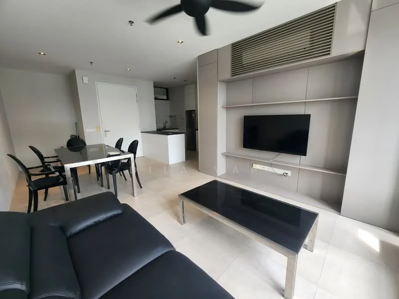 Living features: black leather sofa, glass coffee table, 4-seater dining table, wall-mounted TV, built-in shelving unit, recessed downlights, ceiling fan, tile flooring, neutral painted walls; style: modern. Kitchen features: open kitchen layout, stainless-steel fridge, built-in oven, ceramic cooktop, white cabinetry, countertop with overhang, tile backsplash; style: modern.