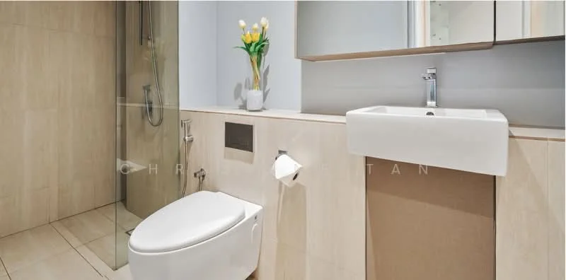 Bathroom features: light beige tile flooring, light beige wall tiles, glass shower enclosure, chrome shower head, single-sink vanity with wood cabinet, white ceramic sink, chrome basin mixer faucet, one-piece toilet, toilet paper holder, mirror above sink, decorative plant in pot; style: modern.
