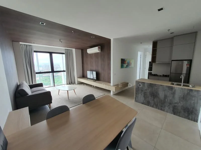 Living features: floor-to-ceiling windows, grey fabric sofa, coffee table, wall-mounted TV, TV console, area rug, recessed downlights, air conditioning unit, light wood flooring; style: modern; view: city. Kitchen features: stainless-steel sink, chrome pull-down faucet, granite countertop, grey cabinetry, built-in oven, 4-burner gas hob, exhaust hood, ceramic tile flooring; style: modern. Dining features: wood dining table, 4 dining chairs, open layout; style: modern.