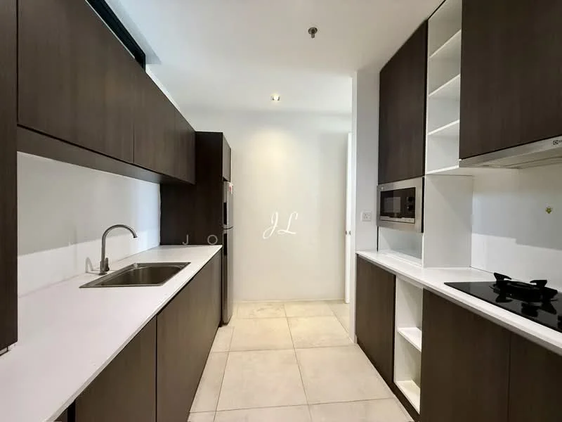 Kitchen features: single-bowl stainless-steel sink, chrome pull-down faucet, white quartz countertop, dark wood cabinetry, built-in microwave, stainless-steel fridge, 4-burner gas hob, exhaust hood, ceramic tile flooring, recessed downlights, open shelving; style: modern.