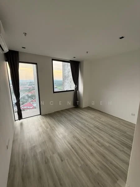 Room features: laminate flooring, white painted walls, floor-to-ceiling windows, curtains, 1 wall-mounted split AC, city view, recessed downlights, no visible furniture; style: modern; view: city.