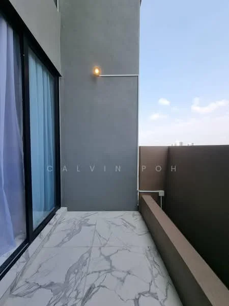 Room features: grey painted walls, marble tile flooring, floor-to-ceiling windows, outdoor balcony space, light fixture on wall; style: modern; view: city.