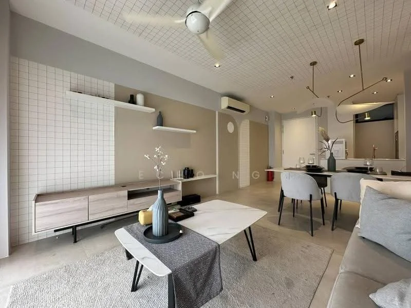 Living features: light grey walls, white tiled accent wall, concrete flooring, 5-blade ceiling fan with light, recessed downlights, wall-mounted TV, wooden TV console, coffee table with marble top, decorative vase on table, grey upholstered sofa, area rug with geometric pattern, open shelving on wall; style: modern.