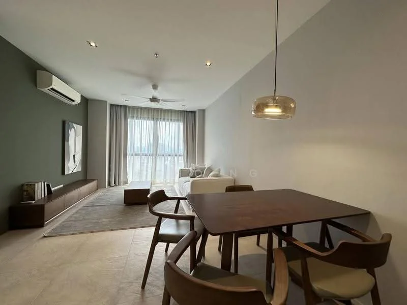 Living features: floor-to-ceiling windows, 3-blade ceiling fan, recessed downlights, grey accent wall, light beige walls, light-colored area rug, wooden sideboard, dining table with four chairs, sofa, curtains, decorative wall art; style: modern; view: city.