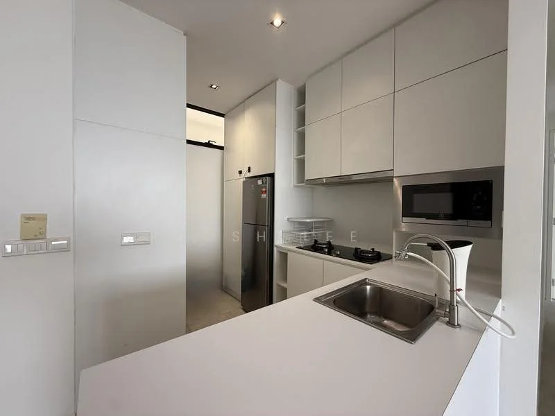 Kitchen features: white cabinetry, stainless-steel fridge, built-in microwave, double-bowl stainless-steel sink, chrome pull-down faucet, 2-burner gas hob, white countertop, wall-mounted cabinets, tile backsplash, recessed downlights, open shelving; style: modern.