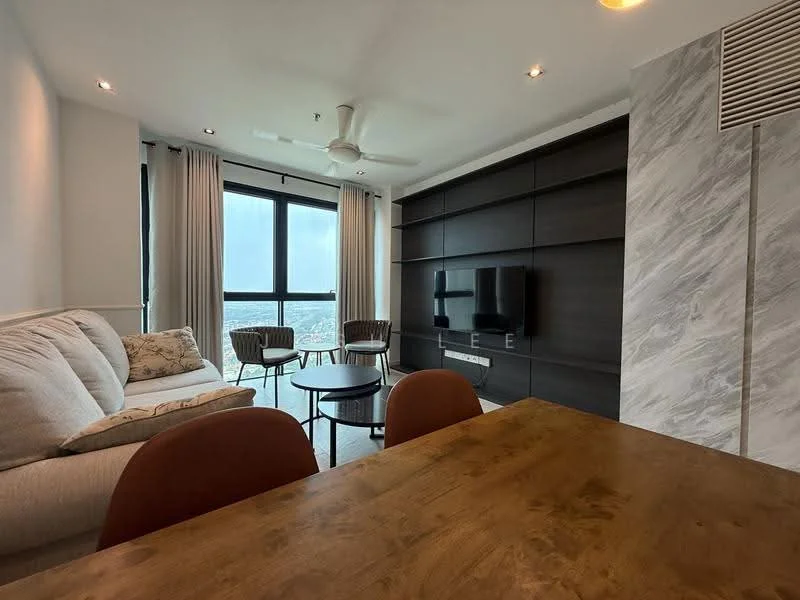 Living features: 3-seater fabric sofa in light beige, coffee table, wall-mounted TV, dark wood feature wall, floor-to-ceiling windows, sheer curtains, ceiling fan, decorative wall paneling, area rug, dining table with wooden surface, upholstered dining chairs in brown; style: modern; view: city.