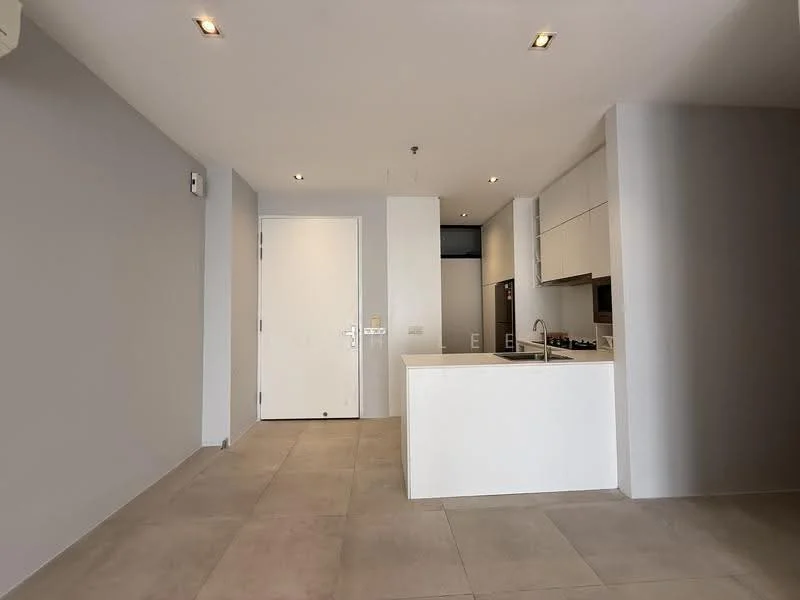 Kitchen features: white cabinetry, grey walls, tile flooring, recessed downlights, open layout, kitchen island, built-in oven, stainless-steel fridge, single-bowl stainless-steel sink, chrome pull-down faucet; style: modern. Room features: grey walls, tile flooring, recessed downlights, open layout.