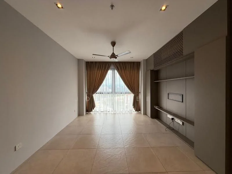 Living features: floor-to-ceiling windows, sheer curtains, 5-blade ceiling fan with light, wall-mounted TV console, built-in shelving, cream tiled flooring, neutral painted walls, recessed downlights; style: modern; view: city.