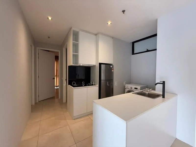 Kitchen features: white cabinetry, black countertop, single-bowl stainless-steel sink, chrome pull-down faucet, built-in oven, stainless-steel fridge, washing machine, tile flooring, recessed downlights, window with black frame, open shelving, neutral wall colour; style: modern.