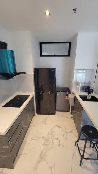 Kitchen features: white quartz countertop, grey marble cabinetry, black fridge, built-in stove with black cooktop, stainless-steel sink, chrome faucet, window above sink, bar stool, tile flooring with marble pattern, extraction hood; style: modern.