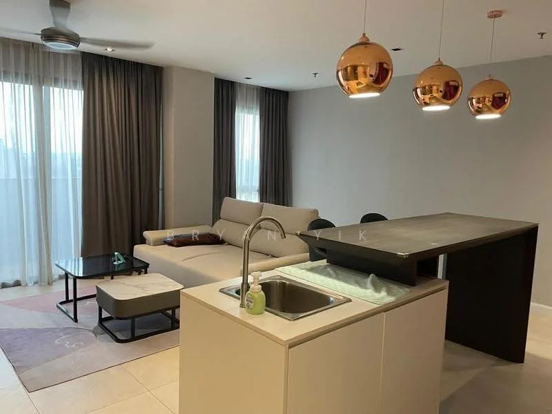 Living features: 3-seater fabric sofa in light grey, coffee table with black frame, area rug with geometric pattern, floor-to-ceiling windows with sheer curtains, recessed downlights, 5-blade ceiling fan, pendant lights with copper finish, open kitchen layout with breakfast bar, kitchen island with white cabinetry, single-bowl stainless-steel sink, chrome pull-down faucet; style: modern; view: city.
