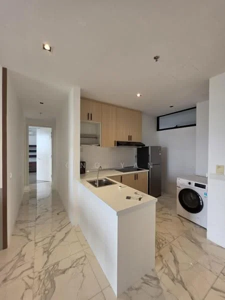 Kitchen features: white cabinetry, marble tile flooring, stainless-steel fridge, built-in oven, freestanding washing machine, single-bowl stainless-steel sink, chrome pull-down faucet, open shelving, countertop with overhang for seating, recessed downlights; style: modern. Room features: white painted walls, doorway leading to hallway.