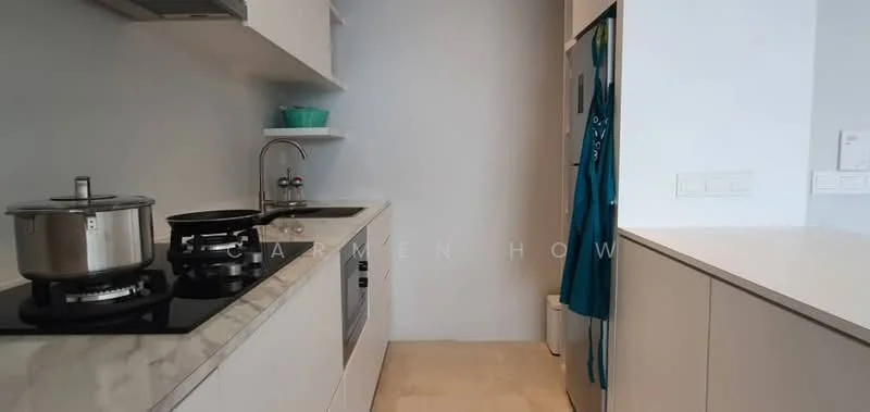 Kitchen features: white cabinetry, marble countertop, stainless-steel sink, chrome pull-down faucet, 4-burner gas hob, built-in oven, microwave, open shelving, tile flooring, neutral wall color; style: modern.