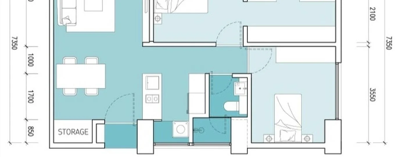 Floor plan: 2-bedroom 1-bathroom unit; features: open-plan kitchen-dining-living, master bedroom with ensuite bathroom, bedroom 2 with shared bathroom, utility room, central foyer, 1 car porch.