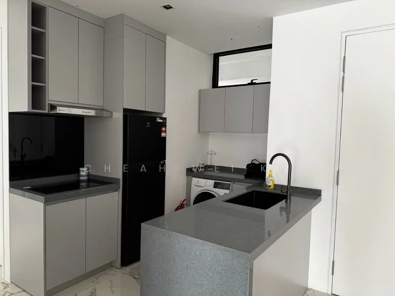 Kitchen features: grey cabinetry, black countertop, single-bowl stainless-steel sink, chrome pull-down faucet, built-in oven, black fridge, washing machine, marble tile flooring, white painted walls, window above sink, open shelving, recessed downlights; style: modern.