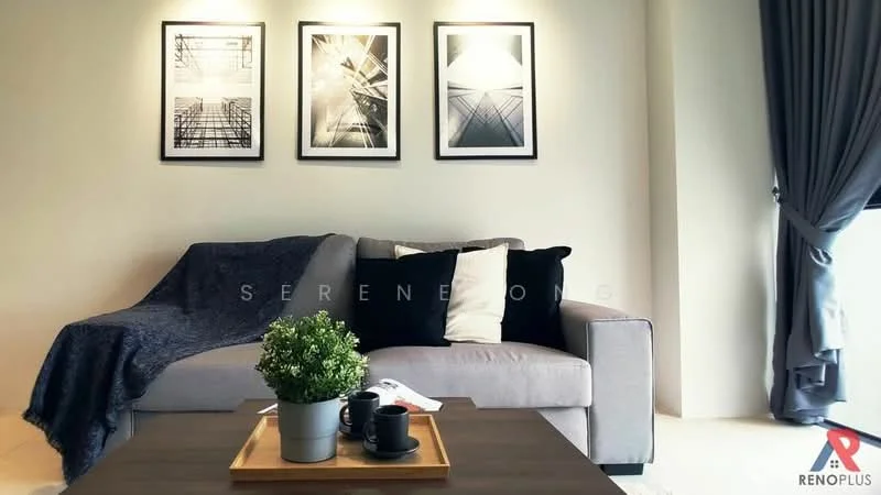 Living features: 3-seater fabric sofa in grey, black throw blanket on sofa, decorative cushions in black and white, wooden coffee table, decorative tray on coffee table, small potted plant on coffee table, framed artwork on walls, curtains in dark grey; style: modern.