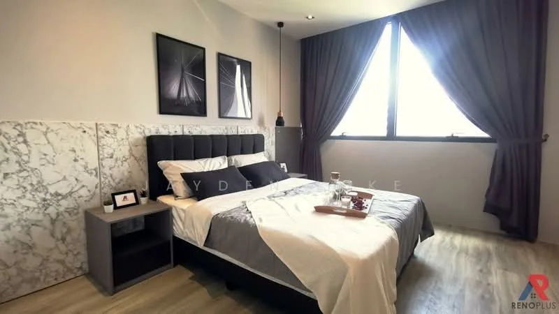 Bedroom features: king-size bed with grey upholstered headboard, white bedding with grey accents, nightstand with drawer, framed artwork on walls, floor-to-ceiling window, dark grey curtains, laminate flooring, marble accent wall behind bed, decorative items on nightstand; style: modern.