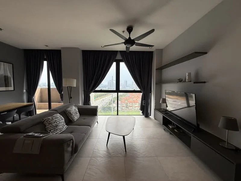 Living features: 3-seater fabric sofa in grey, coffee table, TV console, wall-mounted TV, floor-to-ceiling windows, blackout curtains, ceiling fan with light, decorative wall shelf, light-colored tile flooring, city skyline view; style: modern; view: city.