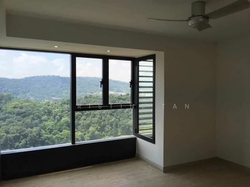 Room features: floor-to-ceiling windows, sliding glass door, mountain view, white painted walls, light wood flooring, ceiling fan; style: modern; view: mountain.