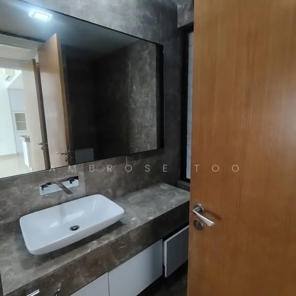 Bathroom features: wall-mounted sink, chrome faucet, large mirror, dark stone countertop, white cabinetry, wooden door, grey textured wall, recessed lighting; style: modern.