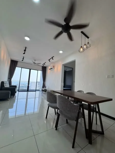 Dining features: 6-seater dining table, grey upholstered dining chairs, pendant light fixture, 5-blade ceiling fan with light, floor-to-ceiling windows, sliding glass door, white painted walls, glossy ceramic tile flooring, recessed LED downlights, curtains, open layout to living area; style: modern; view: city. Living features: 3-seater fabric sofa in grey, coffee table, TV console, wall-mounted TV, area rug, recessed LED downlights, floor-to-ceiling windows, sliding glass door, white painted walls, glossy ceramic tile flooring; style: modern; view: city.