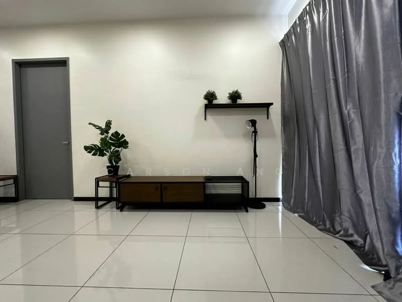 Living features: white painted walls, glossy white tile flooring, grey curtains, wooden console table, black metal floor lamp, shelf with decorative plants, two wooden benches, door to adjacent room; style: modern.