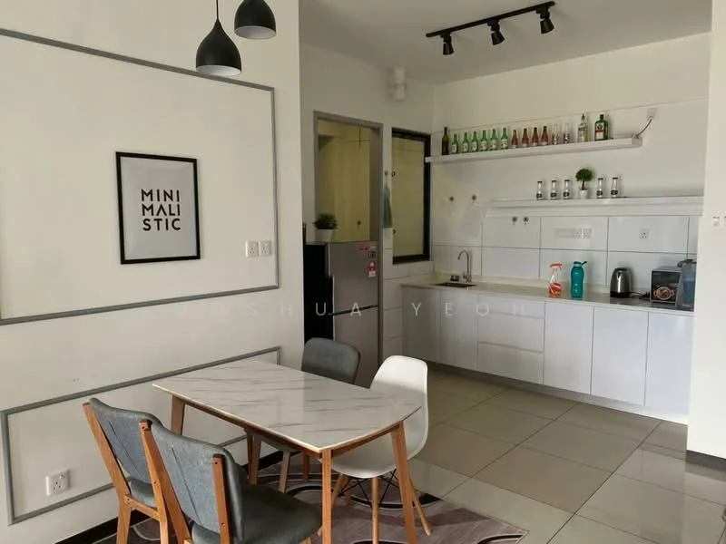 Kitchen features: white cabinetry, marble dining table, grey upholstered dining chairs, ceramic tile flooring, recessed downlights, stainless-steel fridge, built-in oven, single-bowl stainless-steel sink, chrome pull-down faucet, white backsplash, open shelving with decorative bottles, kitchen countertop with storage; style: minimalist.