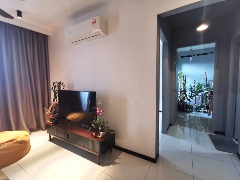 Living features: wall-mounted TV, wooden TV console, 1 wall-mounted split AC, beige bean bag chair, grey curtains, white tiled flooring, decorative plants, recessed lighting; style: modern. Room features: doorway leading to hallway, visible plants in hallway.