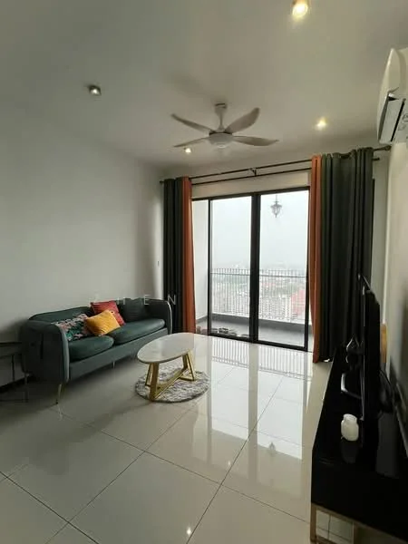 Living features: 3-seater fabric sofa in green, decorative cushions in various colors, round coffee table with gold legs, floor-to-ceiling sliding glass door, curtains in dark green and orange, recessed LED downlights, wall-mounted TV, polished ceramic tile flooring, ceiling fan with light, wall-mounted air conditioning unit; style: modern; view: city.