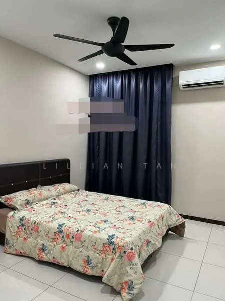 Bedroom features: queen-size bed with floral bedding, upholstered headboard, 2 bedside pillows, ceiling fan with 5 blades, wall-mounted split AC unit, dark blue curtains, white painted walls, tile flooring, recessed downlights; style: modern.