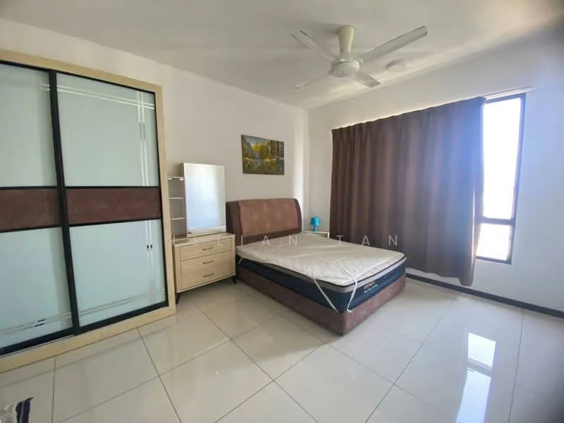 Bedroom features: queen-size bed, upholstered headboard, built-in wardrobe with sliding doors, nightstand with drawers, mirror, ceiling fan, white painted walls, glossy tile flooring, brown curtains, large window with natural light; style: modern.